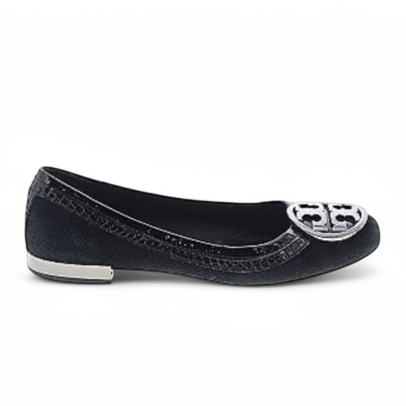 Tory Burch Womens Square Toe Black Suede Patent Logo Ballet Flats Shoes Sz 6 1/2 - Picture 1 of 12